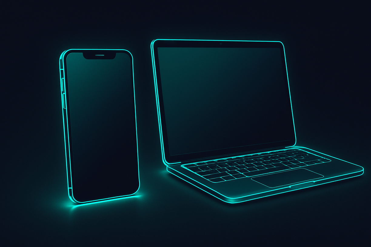 Teléfono y laptop con reflejos neón mostrando las aplicaciones de NeuraLife
