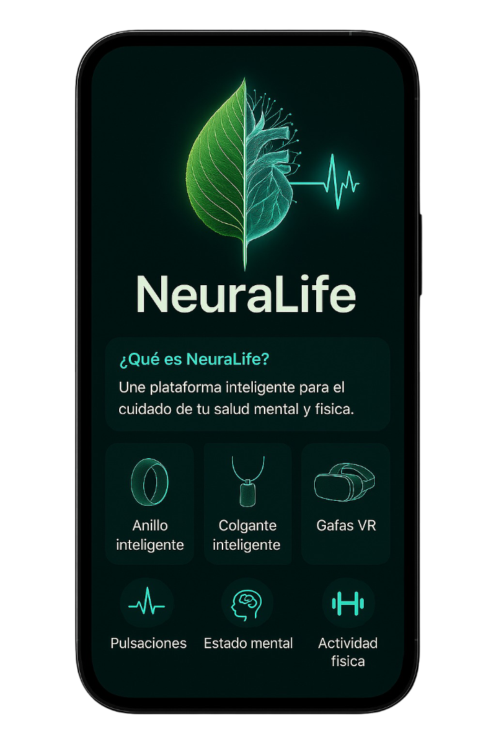 Mockup de la aplicación NeuraLife mostrando interfaz de salud con acentos verdes
